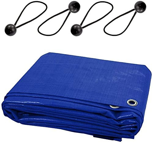 Blue Tarpaulin Waterproof Cover with 4 Ball Bungees - 6 x 6 m Versatile Sheet with Eyelets - Ground Sheet for Garden, Camping, Furniture, Logs, Wood, DIY - UV Resistant, Tearproof, Mould Resistant