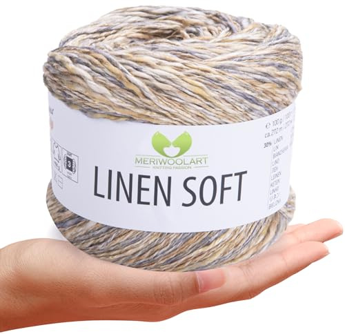 MeriWoolArt® Linen Soft Garn – Premium Naturgarn zum Stricken & Häkeln, 100g Leinengarn Baumwolle Viskose Mischung, atmungsaktiv, weich & umweltfreundlich, ideal für Kleidung, Tücher, DIY 7407