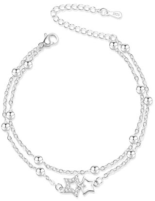 ASH'S CHOICE Sterling Silber 925 Armbänder für Damen Frauen, Charm Armband mit Stern Perle Verstellbare Armband 2 Layered Armband Glänzer Silber Kette Zirkono Freundschaftsarmbänder Schmuck Geschenk