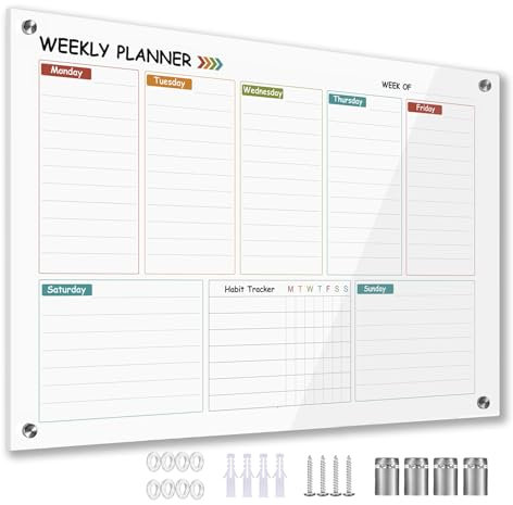 Marribol Bunte wöchentliche, trocken abwischbare Tafel für die Wand, Wochenplaner, Whiteboard für die Wand, 61 x 45,7 cm, rahmenlose Montage, mittelgroßer Wochenkalender, trocken abwischbar für