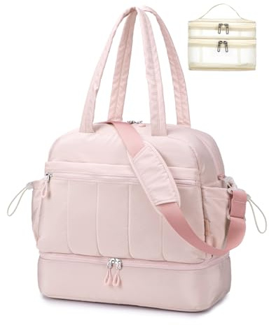 BAGZY Resväska 40x35x20 EasyJet Lufthansa Damer Stor Pufferväska 34L Handbagage Väska Resa Duffle Väska Sportväskor Weekender Mommy Kliniktasche med Nassfach Skoväska för flygplan Sport Gym Rosa