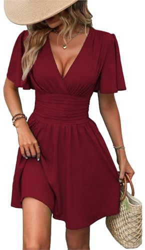 UUAISSO Vestito Casual da Donna Manica Lunga Vita Alta A Line Abiti Avvolgenti Scollo a V Midi Dress Maniche Corte Bordeaux S