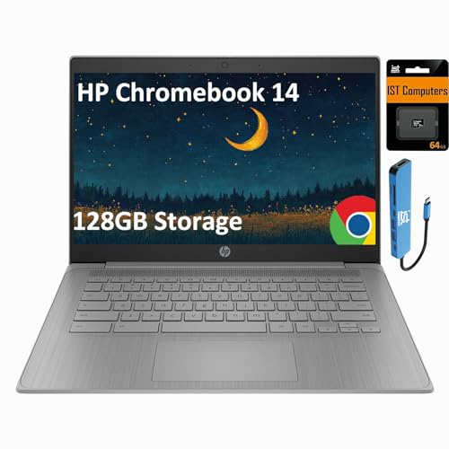 HP Chromebook 14 Laptop (14 pulgadas HD, Intel Celeron N4120 de 4 núcleos, 4 GB de RAM, 128 GB de almacenamiento, gráficos UHD 600) para el hogar y estudiantes, peso ligero y duración de la batería de