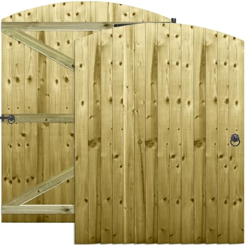 Arch Top Wooden Garden Gate 6x4.5ft - Feather Edge Semi-Braced Treated Timber Door + Ring Latch Hinge Pack, H:6ft x W:4.5ft Ideal for Outdoor Pathway Home Access (High: 180cm x Wide: 135cm)