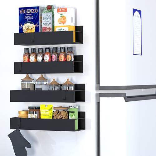 Global Digitronix Metal Magnetic Spice Rack for Refrigerator – 5 Pack Strong Magnet Organizer Shelves with Notepad – Black Heavy-Duty Spice Storage for Kitchen, Pantry, Laundry, Apartment, RV