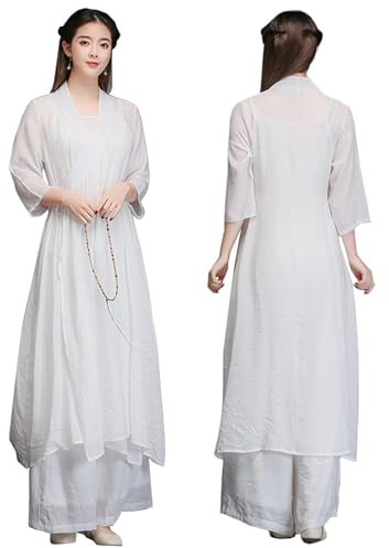 DAYKET Conjunto de 3 Piezas de Traje de Tai Chi para Mujer, Traje de Meditación Tradicional Chino con Mangas Tres Cuartos para Ejercicios Matutinos de Kung Fu Wing Chun.,White-XXL