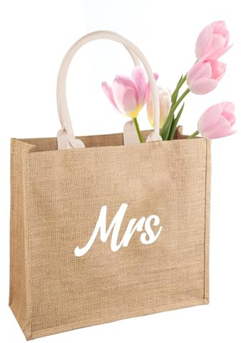 SwirlColor Mrs Bride Bag, Minimalista e affidabile Jute Tote Bag Bride Gift Bag per il fidanzamento nuziale luna di miele, adatto per la spesa Picnic Beach Holiday