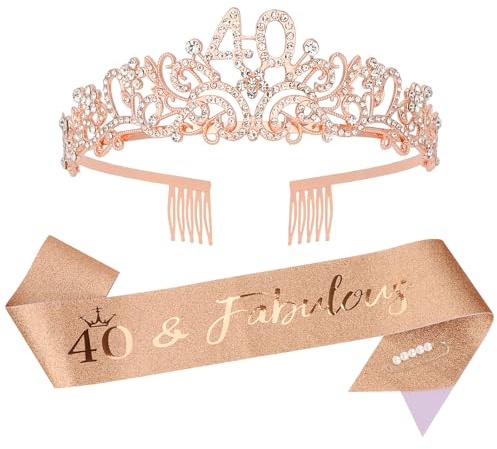 KIUEZIR 40. Geburtstagskrone & Schärpe Set in Roségold - Haltbare Legierung & Strass Blumen Tiara Diadem mit Anti-Rutsch Kämmen, Glitzer Schärpe & Perlen-Stecknadel für Deko 40 Geburtstag