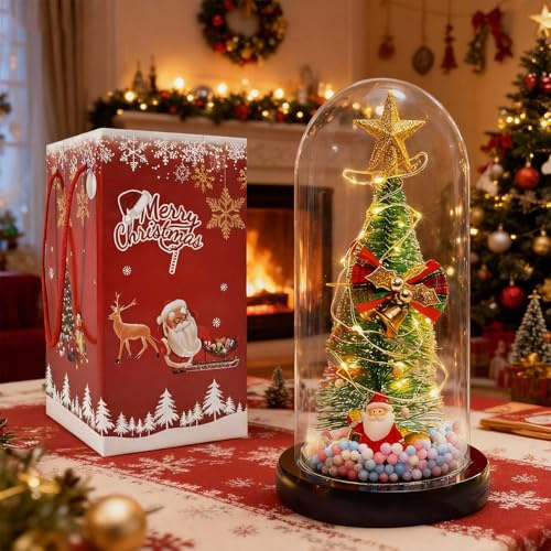 SPERMUOY Weihnachtsbaum Led Weihnachtsdeko,Weihnachtsbaum im Glas Mini Künstlich Weihnachtsbaum in Glaskuppel,Weihnachtsbaum klein mit Licht Klein Tannenbaum Weihnachts Geschenke für Kinder,Freunde