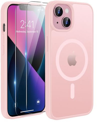TQIAHF Cover Custodia Magnetica per iPhone 13 / iPhone 14, Rosa | 2 Pellicola Vetro Temperato Protezione Schermo Compatibile con Magsafe Militare Antiurto Sottile Opaca Telefono Case