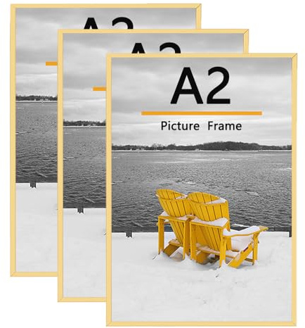 Baoee 3er Pack A2 Bilderrahmen, A2 Bilderrahmen Gold für die Fotogalerie - Einschubleisten, horizontale oder vertikale Wandmontage