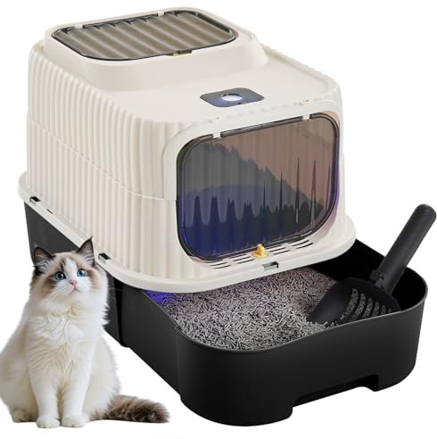 The Fellie Enclosed Cat Litter Box with UV Sterilization, Cat Litter Tray with Top Entry&Front Door, Kitten Litter Tray Odor Cntrol,Slide-Out Drawer&Scoop, Easy Cleaning, Black