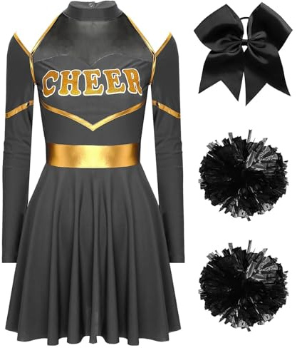 CNYUON Cheerleader-kostym för kvinnor, halloween, Cheerleading, uniform, långärmad, Cheer Up-dansklänning med pompoms hårknytning för Cheerleading, klänning (svart A, S)