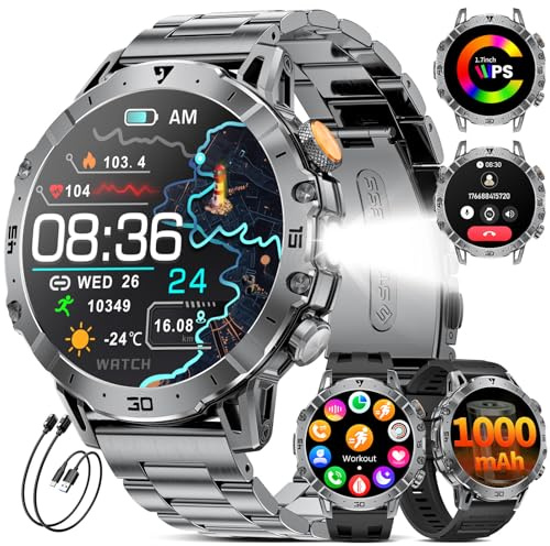 Reloj Inteligente Hombre con 1000 mAh/LED Linterna/Llamada Bluetooth, 1,7'' Smartwatch Militar con 110+ Modos Deportivos,Impermeable, Frecuencia Cardíaca, Android iOS, 3 Pulseras+2 Cargadores,EF18-A