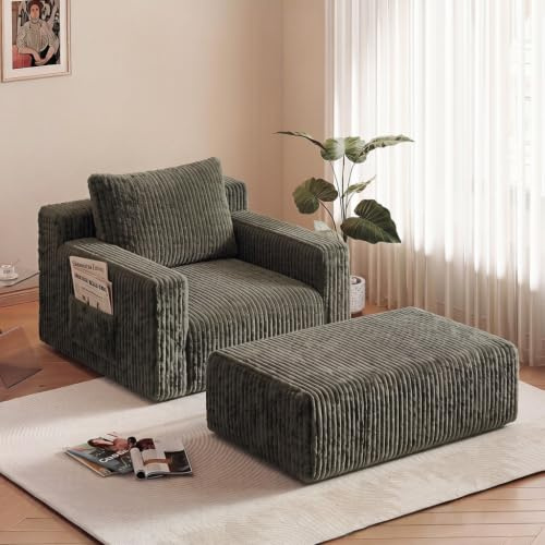 HAUSPROFI 2-in-1-Schlafsofa aus Cord mit Hocker für Gäste – Bodensofa mit 3 Kissen, Einzelsofa und Schlafsessel mit Seitentasche für Wohn- und Schlafzimmer | Cord Bodenbank