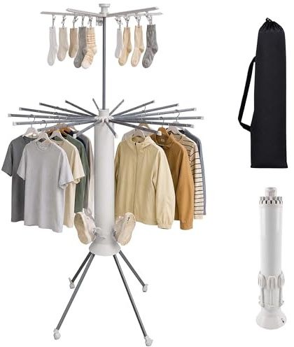 Tendedero Relaxdays Plegable con Bolsa, HxD 180x112 cm, Paraguas, Acero INOX y plástico, Blanco/Gris