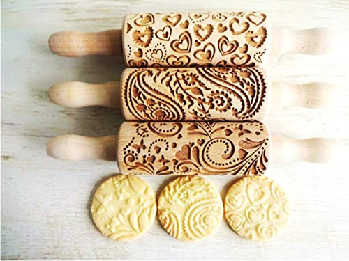 SCHÖNER TAG 3-er SET mit HERZEN, PAISLEY und FRÜHLING Muster. Nudelholz für hausgemachtes Gebäck. Nudelholz mit muster von Algis Crafts