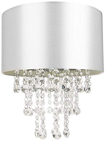 Modern and Eye-Catching Grey Satin Fabric Pendant Light Shade with Hanging Transparent Acrylic Droplets | 30cm Diameter by Happy Homewares