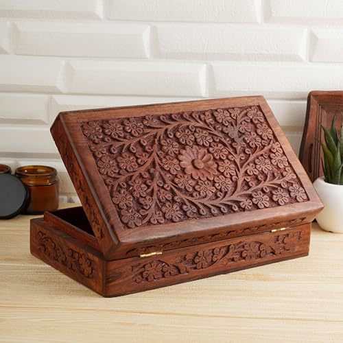 Ajuny Scatola portaoggetti decorativa in legno intagliato a mano per gioielli, con motivo floreale, multiuso, portagioie per souvenir, collane, orologi, idea regalo, da 25 x 15 cm