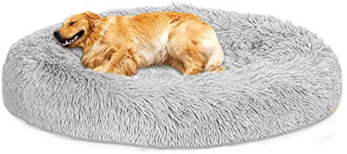 Loir Fluffy hundebett für große und extra große Hunde, 120 cm, Hellgrau, Donut Weiches Plüsch Rundes hundekissen, Waschbar, Tiefschlaf