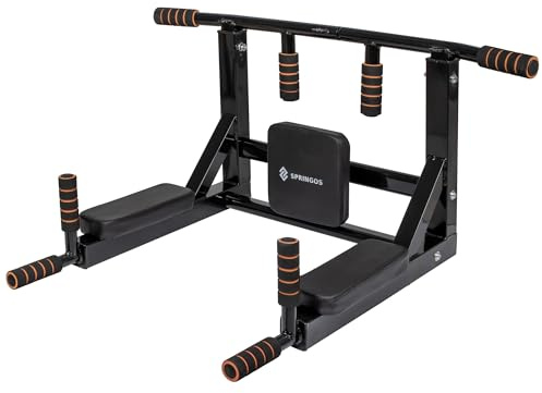 SPRINGOS Väggmonterad hakstång 3 i 1 + doppstänger + låda + ryggstöd stål dopp bar dra upp bar sportutrustning styrka träning bodybuilding