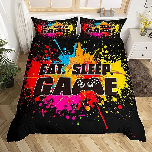 Loussiesd Gamer Bettbezug Set Jungen Schwarz Gamepad Bettwäsche Set 135x200cm für Kinder Jugendliche Bunte Tie Dye Betten Set Luxus Neuheit Game Controller Dekor Raumdekor 2St., Reißverschluss