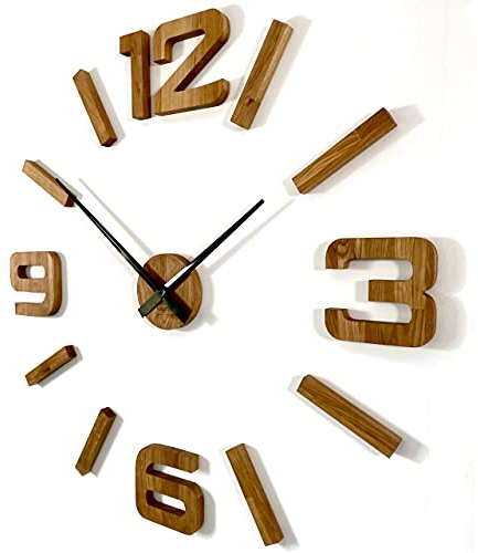 FLEXISTYLE 3D Wanduhren DIY Holz Eiche/Schwarz große 100-130CM (Dicke 20MM!) Wandtattoo Dekoration Uhren für Büro Wohnzimmer Schlafzimmer Dekoartikel Quarzuhr (Eiche)