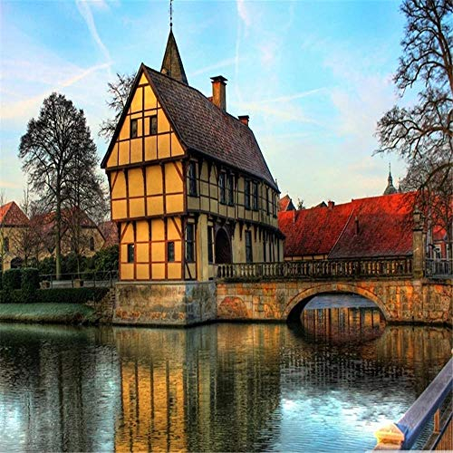 YINGXIN88 5D Diamant Painting Kits, Pack Runde Voll Drill Diamond Painting Zubehör Kristall Kreuzstich Kunst Handwerk für Hause WanddekorationSchönes Gebäude am Fluss-50x70cm