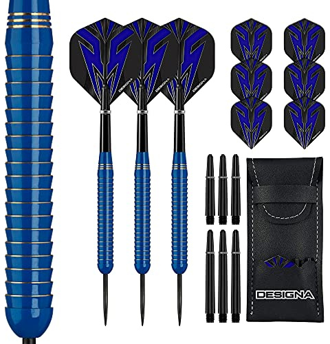 DESIGNA DARTS Mako - Juego de dardos de latón electro con punta de acero de 24 g con barril recto, incluye 6 vuelos estándar, 6 vástagos, tarjeta de pago y estuche de almacenamiento, M1, azul