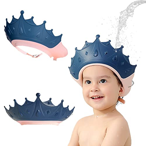 KAMHBE - Cuffia da doccia per bambini, regolabile, con corona, per il lavaggio dei capelli, per occhi, orecchie e viso, colore: Blu