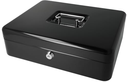 Westcott Lockable Cash Box (large, 30 cm) Black | Lockable cash box made of sheet steel with 2 keys | Removable coin tray with 5 compartments | E-51002 BLACK