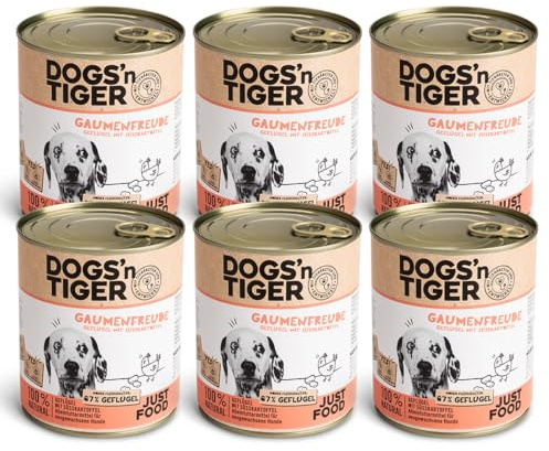 Dogs'n Tiger Gaumenfreude Nassfutter Hund, Geflügel, 6X 800g | Hundefutter nass, Alleinfutter, hoher Fleischanteil, getreidefrei, ohne Zuckerzusatz, ohne Konservierungsstoffe