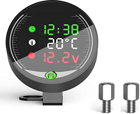 iSpchen Motorrad DC 12V Digital Voltmeter Uhr mit LED-Anzeige 5 in 1 Wasserdichtes Digitales Thermometer Wassertemperaturanzeige USB-Ladegerät für Motorräder