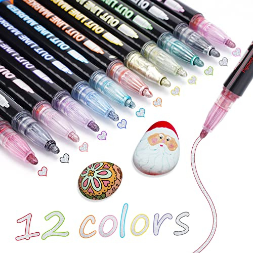 TEVILIK Adventskalender Füllung, Glitzerstifte Magische Stifte, Adventskalender Kinder Mädchen, Geschenke für Mädchen 4-12 Jahre, 12 Metallic Outline Zauberstifte für Scrapbooking Weihnachten Basteln