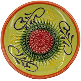Kaladia - Keramik Reibeteller/Keramikhobel - ideal für Ingwer, Parmesan etc. - Motiv: Grün mit Lila Dekor - Durchmesser: 12 cm - handgemacht & handbemalt - Made in Spain