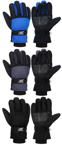 Geyoga 3 Pairs Kids Winter Ski Gloves Waterproof Snow Mittens Windproof Warm Gloves for Girls Boys Cold Weather(Blue, Gray, Black,6-10 Years)