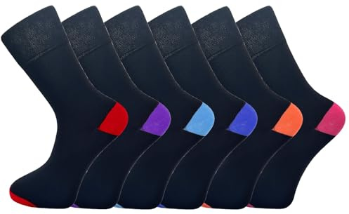 6 Pairs Mens Non Elastic Diabetic Friendly Socks Soft Cotton Wide Flexi Top Grip UK 6-11 (Coloured Heel And Toe)
