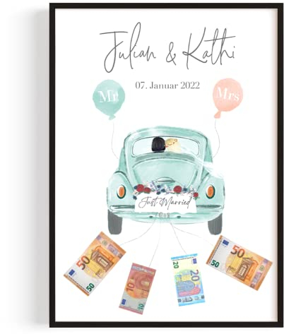 GiveSmiles Personalisiertes Geldgeschenk Hochzeit – Hochzeitsgeschenke für Brautpaar – Hochzeitsgeschenk – Gastgeschenke Hochzeit Geldgeschenke Verpackung als Hochzeitsauto Blau - Spardose Hochzeit