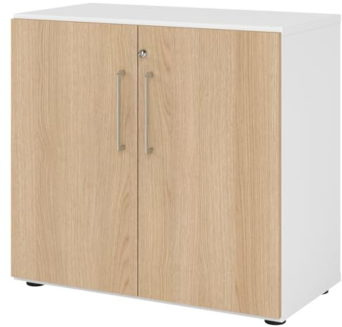 bümö Aktenschrank abschließbar, Büroschrank Holz 80cm breit in Weiß/Eiche - abschließbarer Schrank mit Aktenregal für's Büro & Arbeitszimmer, Büro Möbel Ordnerschrank mit Schloss