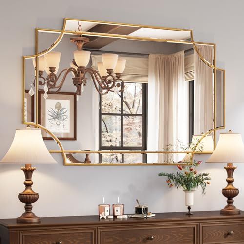 Kelly Miller 32x48 Large Gold Mirror for Wall, Modern Decorative Mirror Rectangle Wall Vanity Mirror Bevelled Full Length for Bathroom Living Room Bedroom Farmhouse Fireplace Entryway