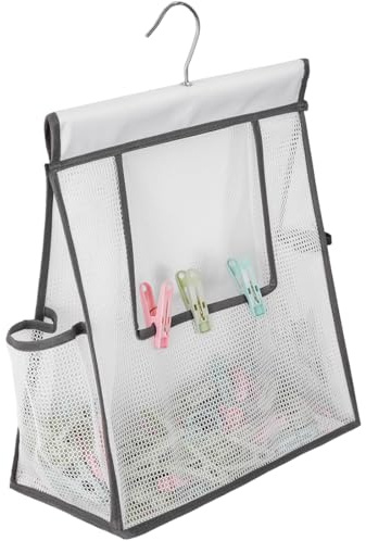 ALYER Clothpin Storage Bag with Hanger,Multipurpose Hanging Shower Basket Holder with a Large Opening (Gray Edge)