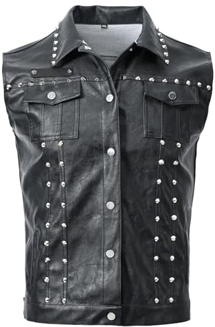 DSDZ Fashion Mens Rivet Faux Leather PU Vest Punk Party Studded Slim Fit Male Sleeveless Waistcoat For Men Black Large