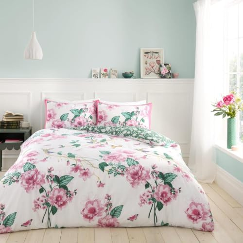 GC GAVENO CAVAILIA Bettwäsche-Set für Einzelbetten (150 x 200 cm), Polyester-Baumwoll-Mischgewebe, wendbar, maschinenwaschbar (1 Bettbezug + 1 Kissenbezug), Rosa/Grün