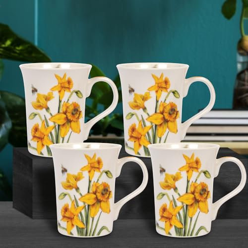 Lesser & Pavey Bee-Tanical Set of 4 Ceramic Mugs - Daffodils, Poppy or Thistles Floral Design (Daffodil)