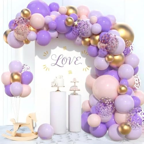 Luftballons Geburtstag Rosa Lila, 110 Stück Ballonbogen Lila Macaron Rosa mit Gold Ballons, Pastell Luftballon Girlande Pink für Geburtstagsdeko Mädchen Hochzeit Brautparty Baby Shower Party Deko