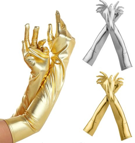 Long Coude Gants en Satin, Gants Longs Extensibles 1920 Gants D'Opéra Gant Soirée Dansante Femme（Or et Argent）