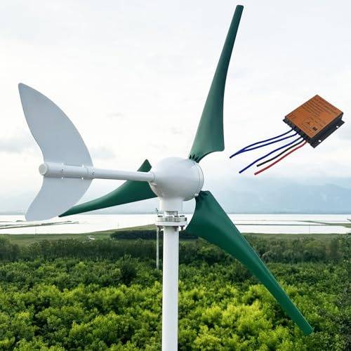 ZHOZHUT 800W / 1000W / 1200W Aerogenerador 12V / 24V / 48V Generador De Turbina Eólica con 3 Aspas Verdes Y Controlador MPPT, Ajuste Automático De La Dirección De Barlovento para Exteriores,1000w,48V