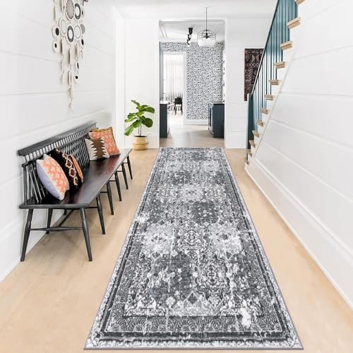 Enyhom Runner Rugs for Hallway 80 X 200cm Washable Extra Long Entryway Runner-Soft Laundry Hallway Runner Non Slip Vintage Kitchen Carpet Runners for Bathroom Entrance Bedroom, Dark Grey