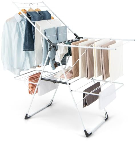 COSTWAY Sechoir a Linge Pliable 2 Niveaux en Métal, 33 Barres, 4 Ailes Réglables, Pinces à Chaussettes, Étendoir a Linge Pliable, Seche Linge Intérieur Extérieur, Étendage pour Linge