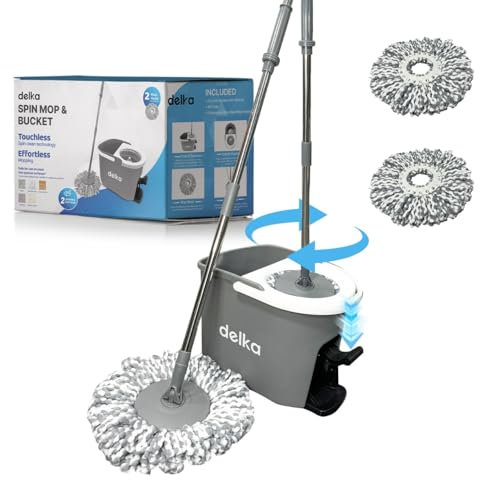 delka Spin Mop and Bucket Set – Easy Foot Pedal Water Removal, 360° Swivel Motion, Includes 2 Microfibre Mop Heads, All-Surface Cleaning, Splash Guard for Clean Mopping – Mop and Buckets Sets